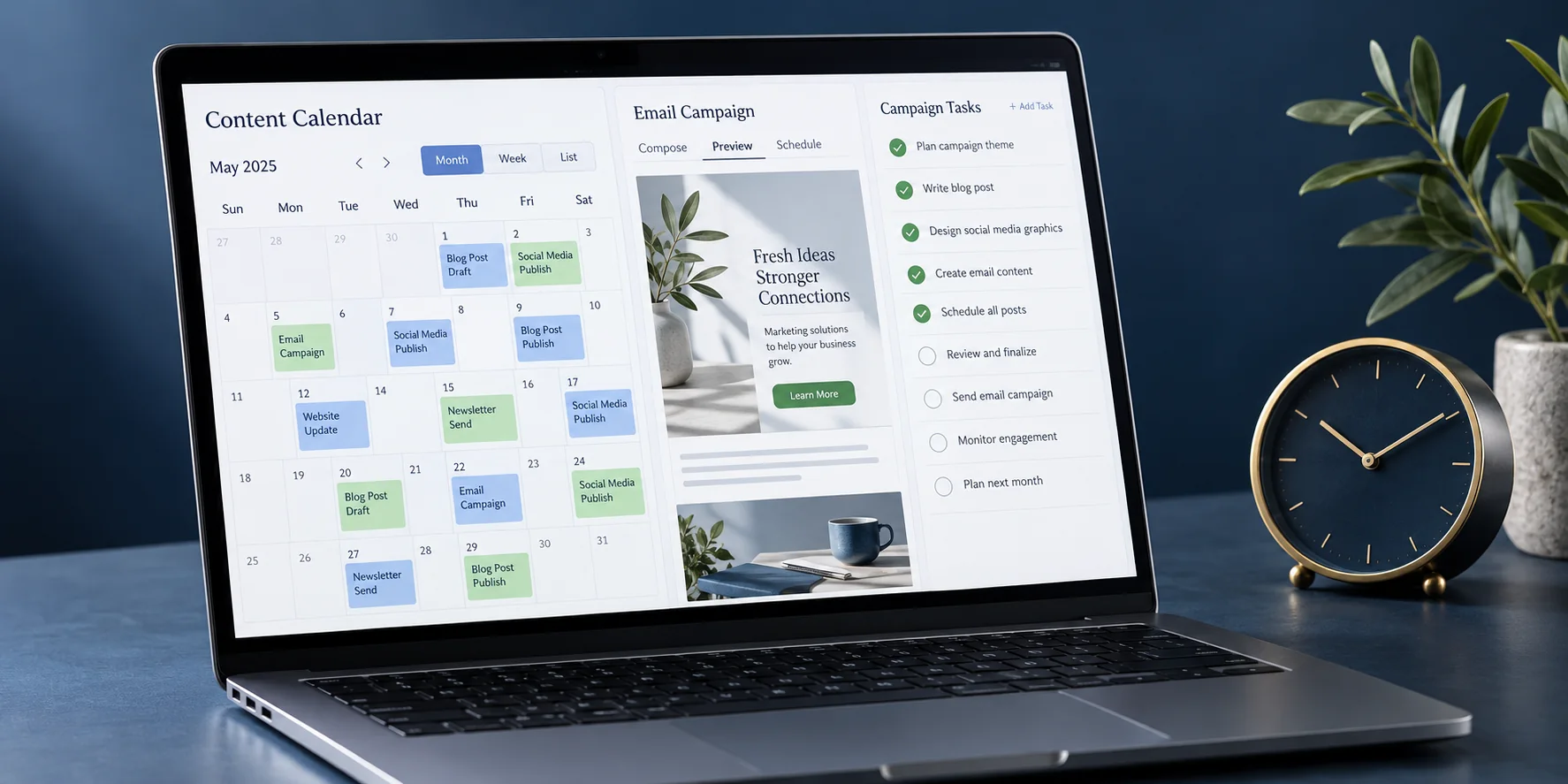 Illustrative digital workspace coordinating a calendar, email and marketing tasks
