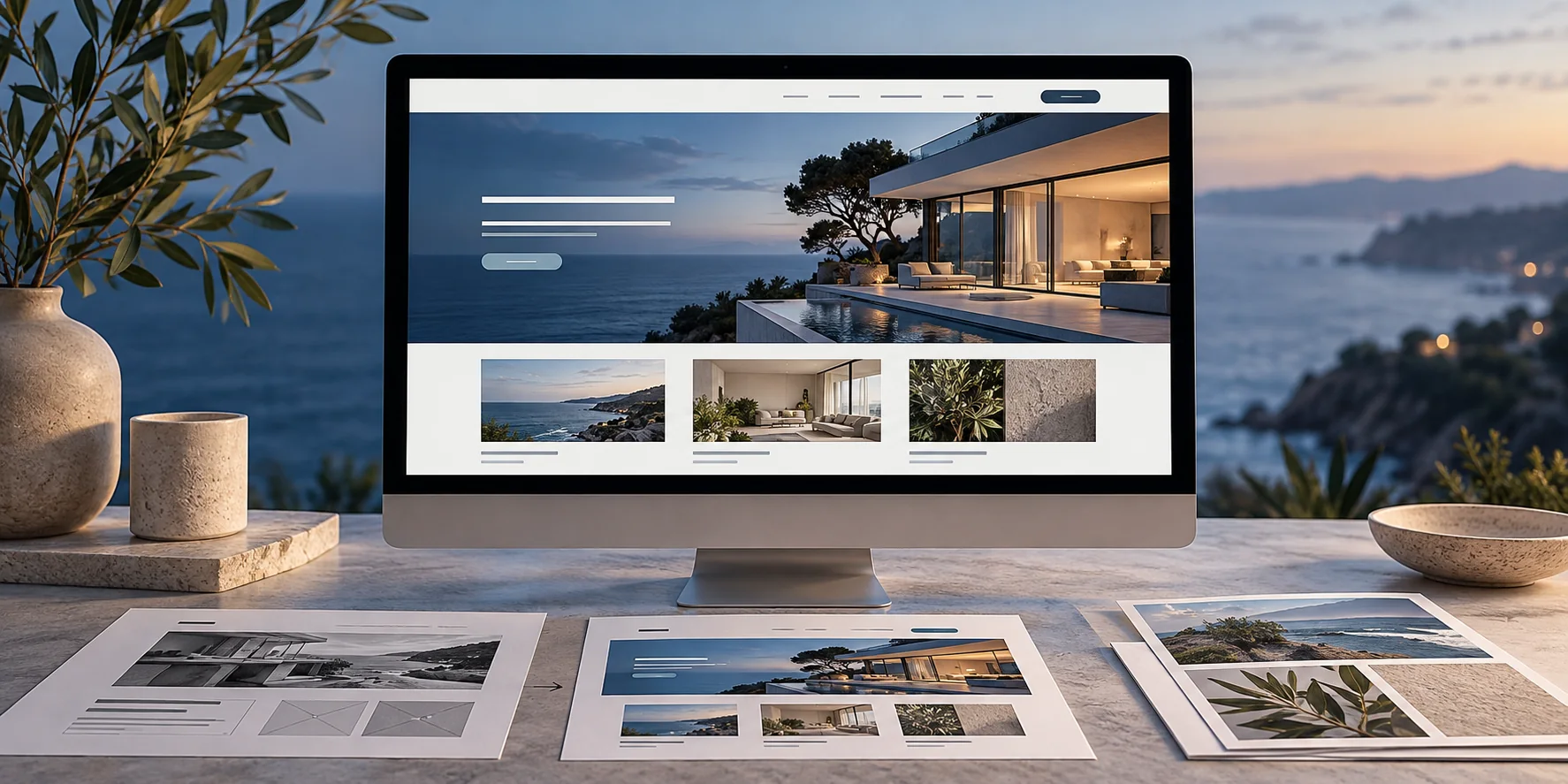 Illustrative desktop website design and layout studies